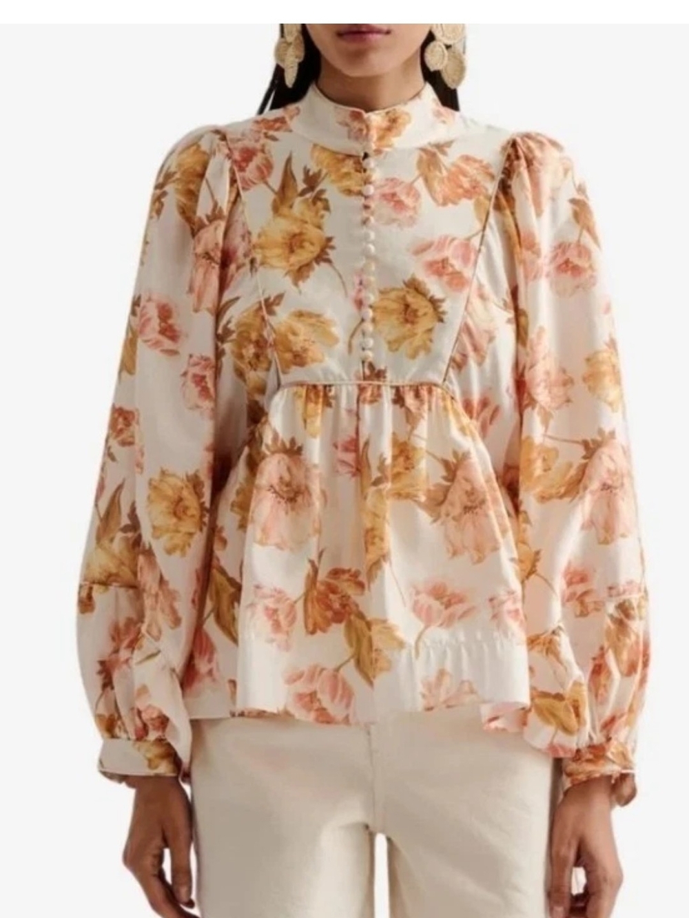 High-Neck Floral Puff-Sleeve Blouse - Cream with Pink & Gold Flowers